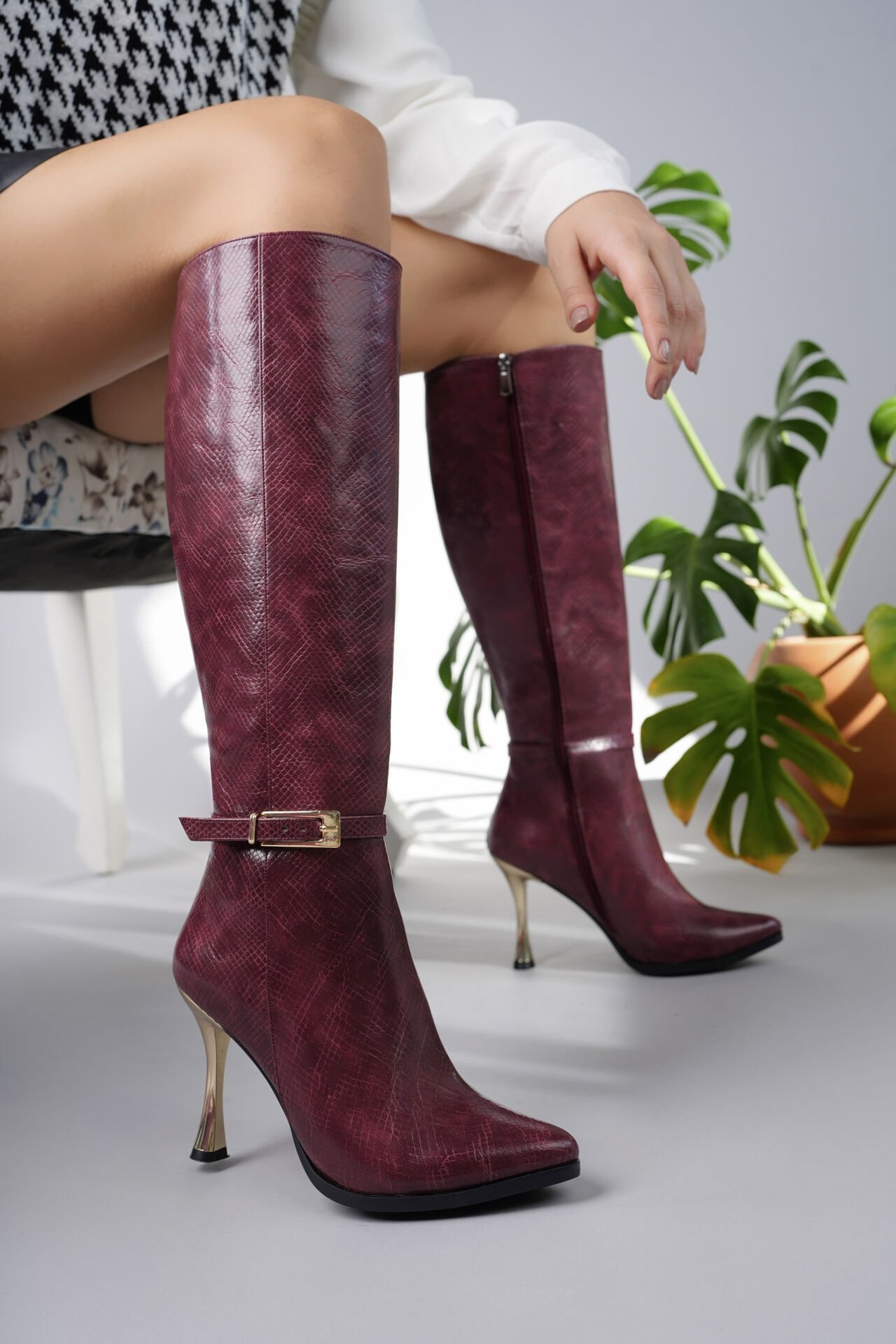 DİVA GOLD DETAYL BORDO KADIN TOPUKLU ÇİZME (10 CM)