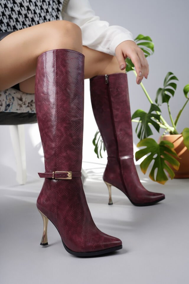 DİVA GOLD DETAYL BORDO KADIN TOPUKLU ÇİZME (10 CM)