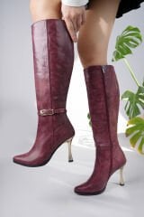 DİVA GOLD DETAYL BORDO KADIN TOPUKLU ÇİZME (10 CM)