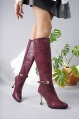 DİVA GOLD DETAYL BORDO KADIN TOPUKLU ÇİZME (10 CM)