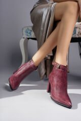 More Desenli Kadın Bordo Topuklu Bot (10 cm)