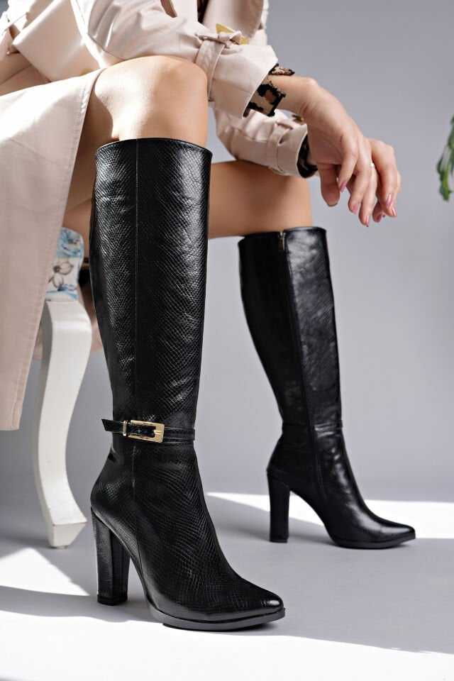 Mary Desenli  Siyah  Topuklu Çizme (10 CM)