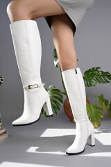 Mary Desenli  Beyaz Topuklu Çizme (10 CM)