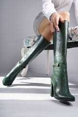 Mary Desenli  Yeşil Topuklu Çizme (10 CM)