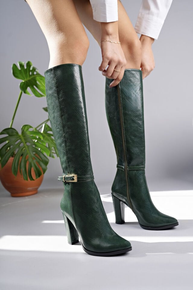 Mary Desenli  Yeşil Topuklu Çizme (10 CM)