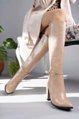 Mary Desenli Bej Topuklu Çizme (10 CM)