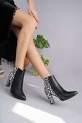 Nars Beyaz Leopar  Desenli Siyah Kalın Topuklu  Kadın Bot ( 10  cm )