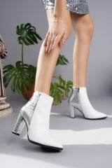 Disco Kadın Kalın  Beyaz-Gümüş Topuklu Bot ( 10 cm )