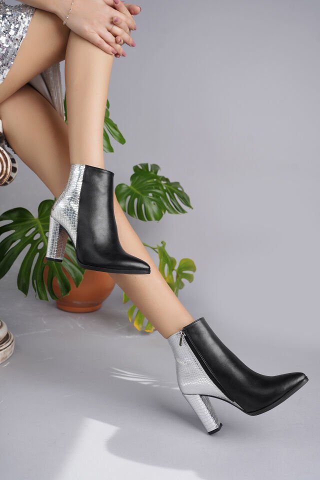 Disco Kadın Kalın  Siyah-Gümüş Topuklu Bot ( 10cm )